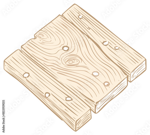 Cartoon illustration of three wooden planks joined together forming a surface with nail holes and natural wood grain textures