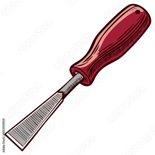 Illustration of a wood chisel with a red handle, isolated
