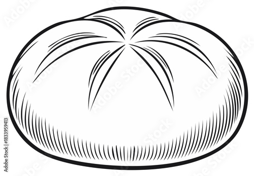 Hand drawn sketch of a crusty bread roll with a scored top in a vintage engraved style