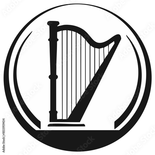 Celtic Harp Musical Instrument Black and White Icon Vector Illustration
