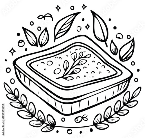 Hand drawn doodle of a serving dish filled with food and surrounded by leaves and sparkles