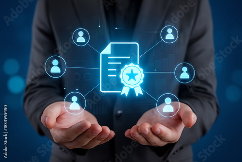 businessman hand pressing social network icon - Digital Certification Network – Holographic Document with Ribbon and Connected User Icons in Futuristic Blue