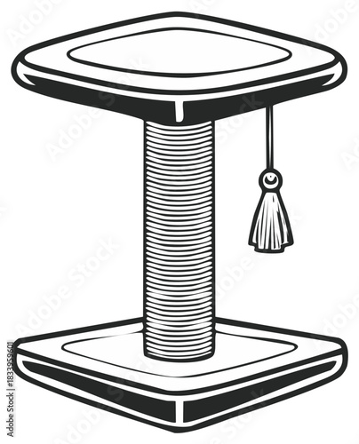 Simple outline illustration of a cat scratching post with a hanging tassel.