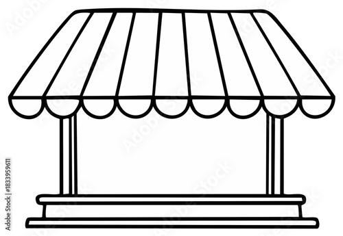 Outline Drawing of a Stand with Awning, Black and White Market Stall