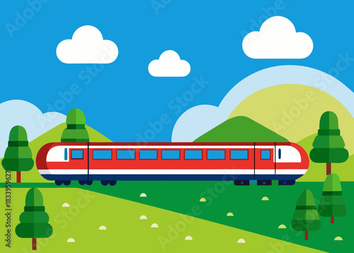 Train traveling through a stylized landscape