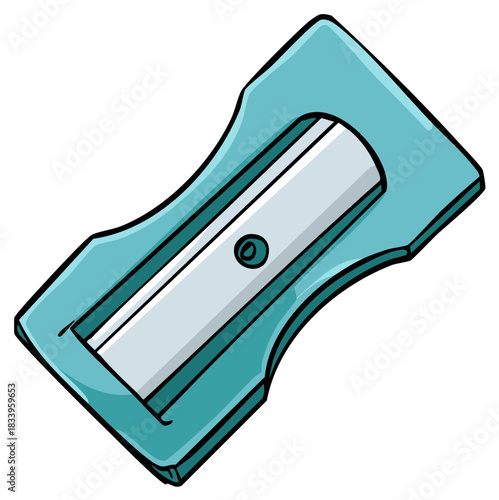 A simple teal pencil sharpener with a metal blade and a small screw