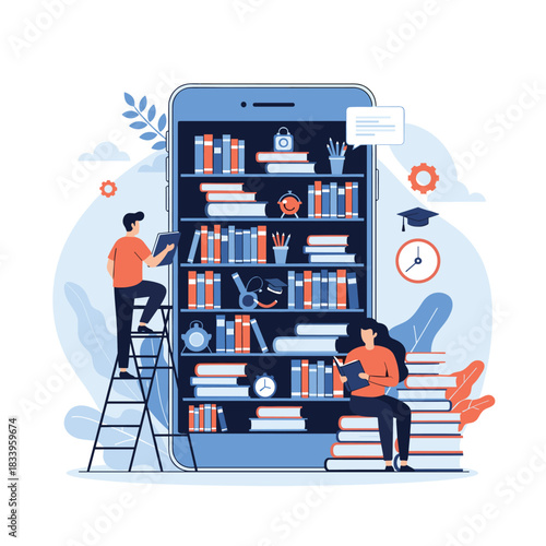 People reading and choosing books from a digital library on a giant smartphone representing e-learning and online education.