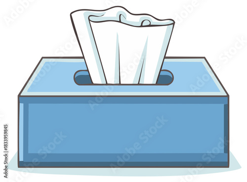 Cartoon illustration of a blue tissue box with tissues coming out