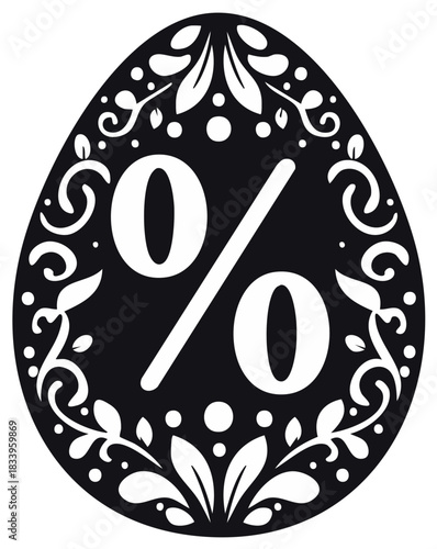 Black Easter egg shape with percentage symbol and floral ornaments