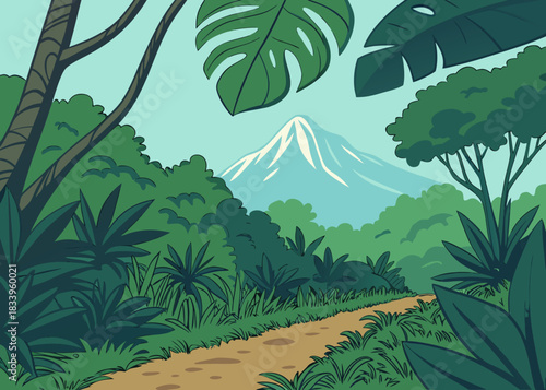 Jungle path leading to a snowy mountain