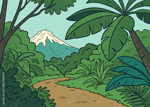 Jungle path towards snow-capped mountain