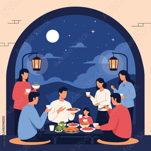 Friends or family having a reunion dinner together at night under an archway with a full moon and hanging lanterns.