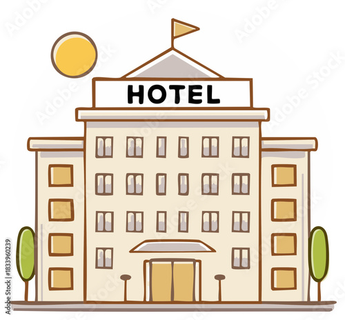 Cartoon hotel building illustration with sun and trees, for travel and accommodation.