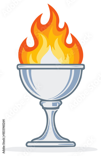 Ancient silver goblet with a blazing fire. A vector graphic symbolizing power, victory, spirituality, or a quest.