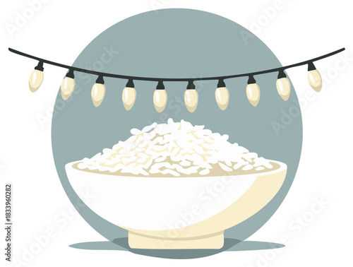 Bowl of white rice with glowing string lights overhead