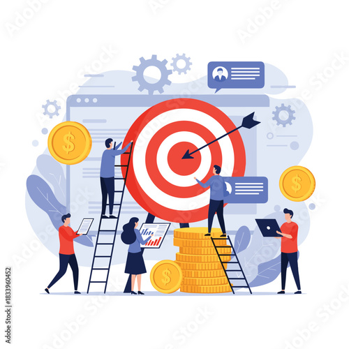 Business team working together to achieve a financial target with an arrow hitting the bullseye on a large dartboard.