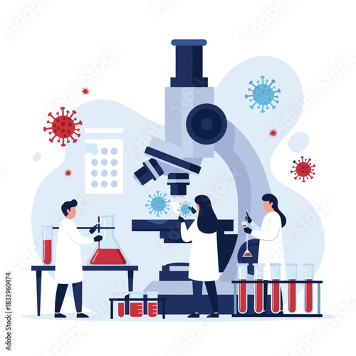 Scientists and researchers in a laboratory working together to study the coronavirus and develop a vaccine with a microscope.