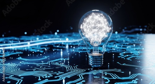 A glowing light bulb with an illuminated network inside, atop a futuristic circuit board