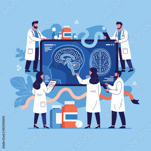 Team of neurologists and doctors collaborating on brain research and analyzing scans for diagnosis and medical treatment.