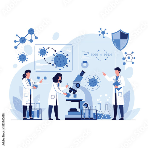 Team of scientists in a laboratory conducting research on viruses and immunology to develop a protective vaccine.