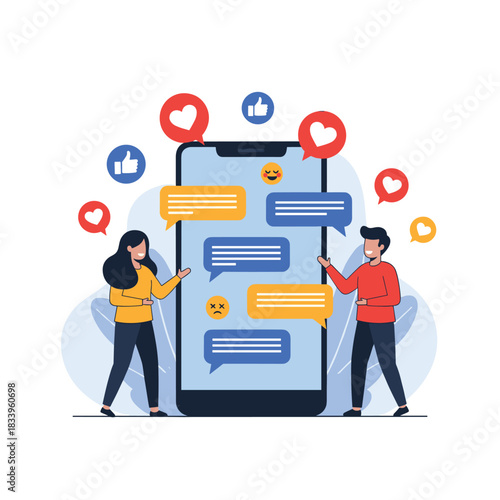 Young couple chatting and flirting on a dating app on a giant smartphone with love and like reaction icons floating.