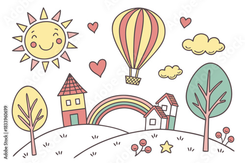 Hot air balloon over village