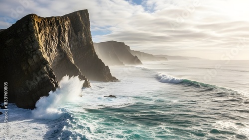Serene Seascape with Sunlit Cliffs and Powerful Waves