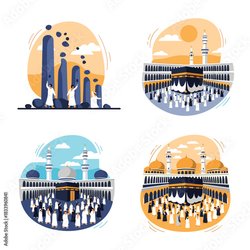 Set of four illustrations depicting muslim pilgrims performing various Hajj rituals in Mecca like Tawaf and Stoning of the Devil.