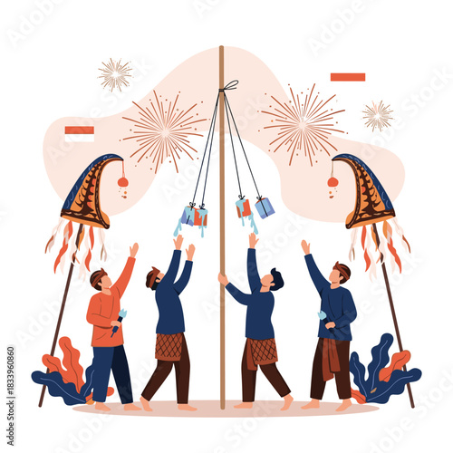 People celebrating Indonesian Independence Day with a Panjat Pinang game trying to climb a pole to get prizes.