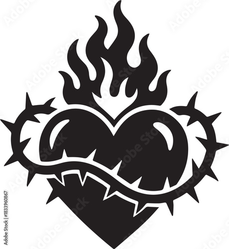 A black and white illustration of the Sacred Heart of Jesus, depicted as a flaming heart encircled by a crown of thorns.