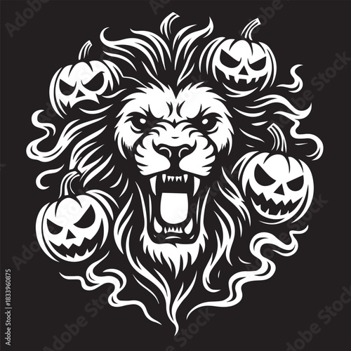A black and white illustration of a roaring lion's head with a mane intertwined with carved Halloween pumpkins.