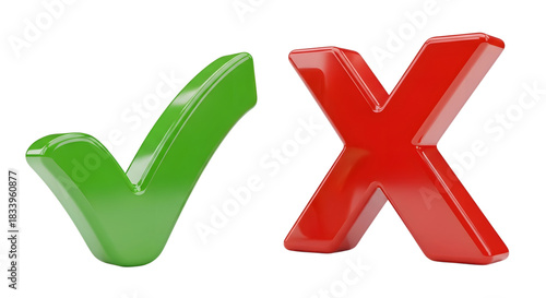 Green check mark and red x isolated on transparent background