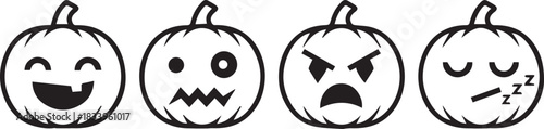 A black and white illustration of four stylized pumpkins, each displaying a distinct and exaggerated facial expression, suitable for Halloween themes.