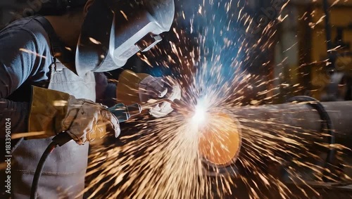 Skilled Welder in Protective Gear Creates Fiery Sparks During Industrial Metalwork in dimly lit workshop setting with warm glow illuminating the scene