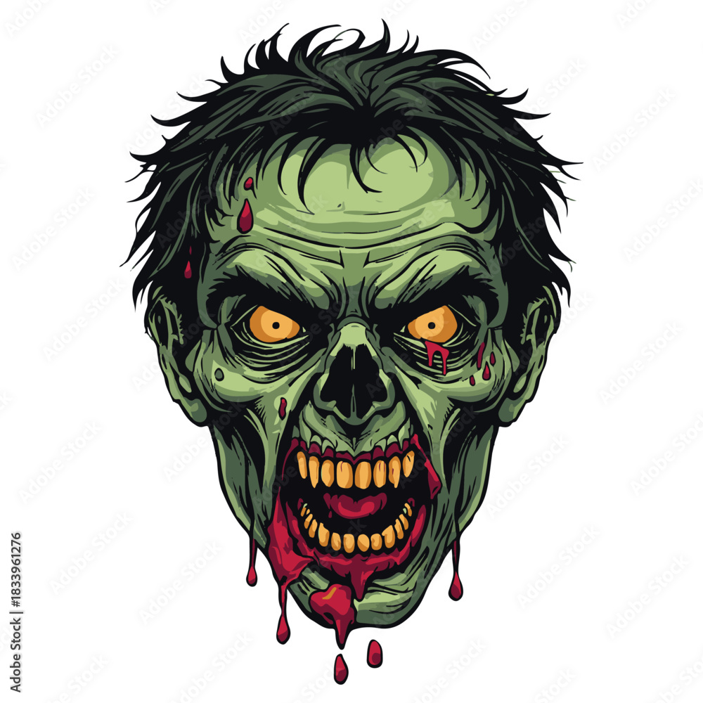 Fototapeta premium Scary zombie face vector illustration,Horror zombie head detailed artwork,Creepy undead monster face design,Halloween zombie character vector,Evil zombie head with blood illustration. 