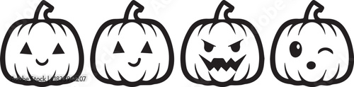 A black and white illustration of four pumpkins, each with a unique, expressive face, ready for Halloween decorations.