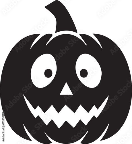 A black silhouette of a classic Halloween jack o lantern with a wide grin and large, expressive eyes, perfect for spooky decorations.