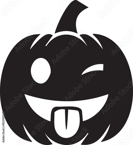 A black silhouette of a Halloween pumpkin with a winking eye and its tongue sticking out, conveying a playful and mischievous mood.