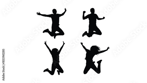 Black silhouettes of happy people jumping with arms raised, expressing joy and freedom