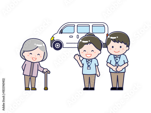 介護／送迎／笑顔の介護士と通所者