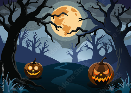 Halloween pumpkin path moonlight scary trees