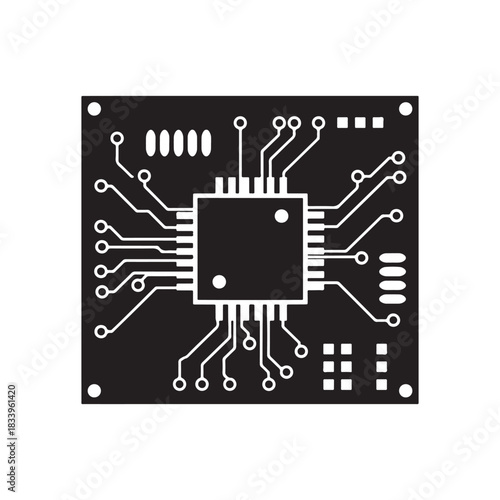 Microchip processor on a detailed circuit board with connected pathways representing modern electronics, digital systems and advanced technology
