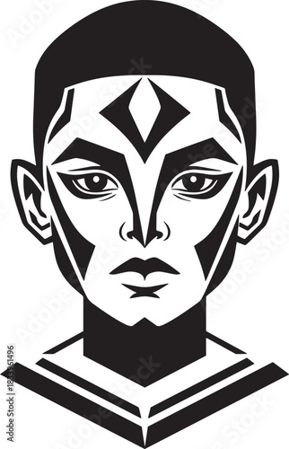 A black and white illustration of a person's face with sharp, geometric markings on their forehead, cheeks, and chin.