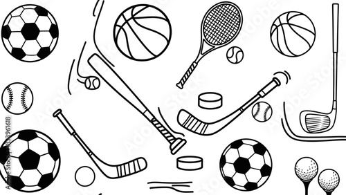 Sports equipment sketch with balls, bats, rackets, and pucks.