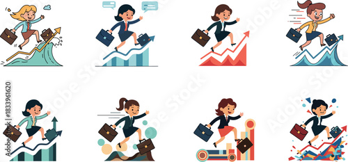 Businesswoman Climbing Up Rising Success Graph Vector Illustration - Business Growth, Progress, Achievement, and Financial Goal Concept