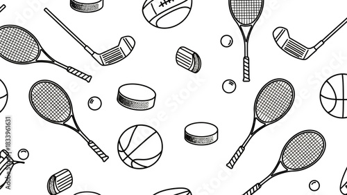 Seamless pattern background with hand-drawn sketches of various sports equipment.