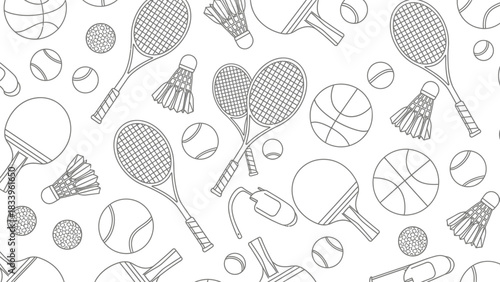A whimsical black and white illustration of various sports equipment, including tennis rackets, badminton shuttlecocks, ping pong paddles, and basketballs, arranged in a repeating pattern.