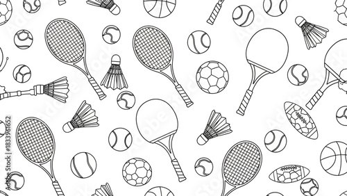 Seamless pattern with sport equipment in black and white, vector illustration.