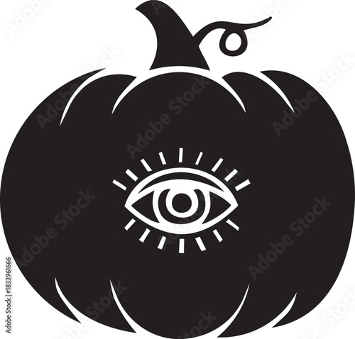 A black silhouette of a pumpkin with a white all-seeing eye symbol carved into its surface, perfect for Halloween themes.