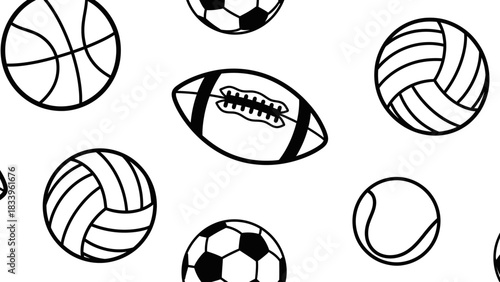 A seamless pattern of various sports balls including basketball, soccer, volleyball, tennis, and American football, rendered in a simple black and white line art style.